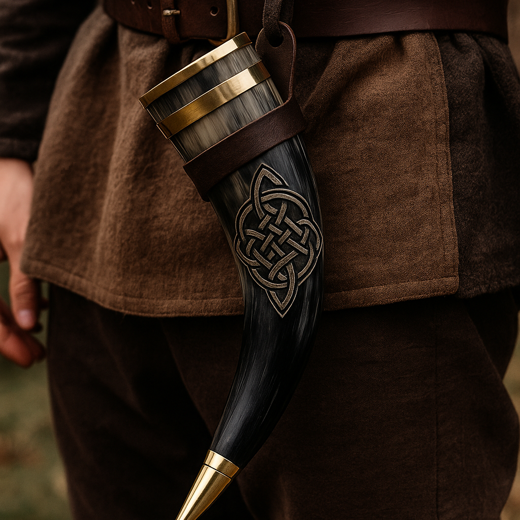 wikinger trinkhorn, trinkhorn verziert, echthorn, wikinger shop, wikinger horn, horn messing, ledergurt trinkhorn, wikinger store